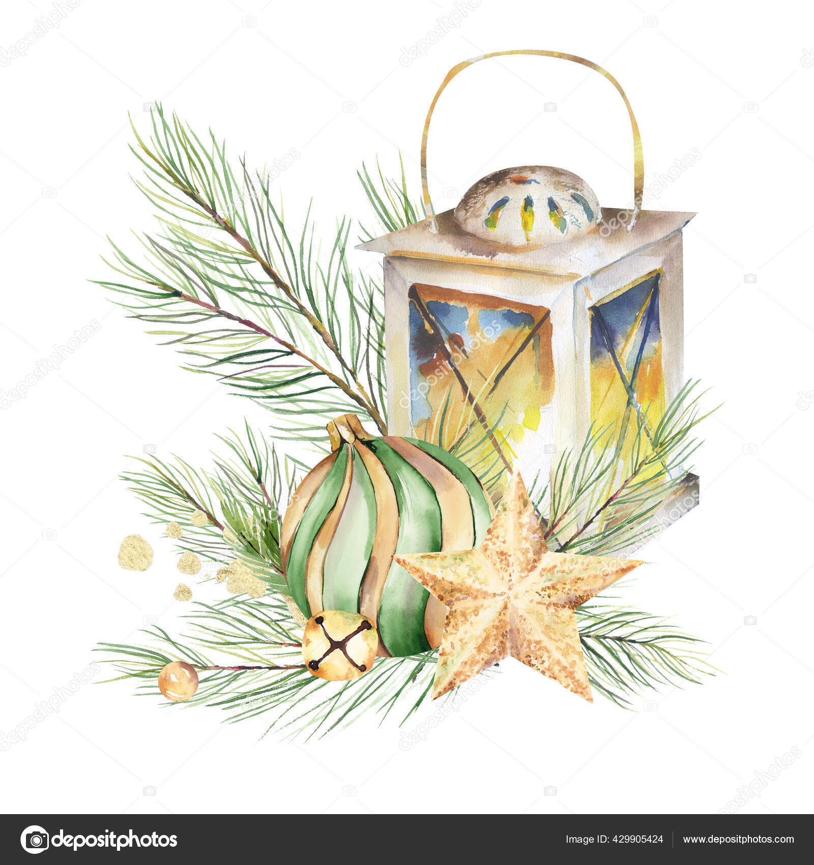 Watercolor Winter Lantern Clipart Lantern Fir Branches Design Elements ...