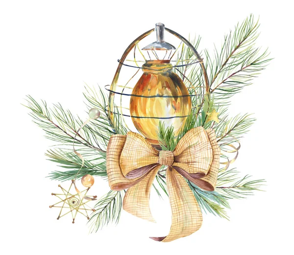 Watercolor Winter Lantern Clipart Lantern Fir Branches Design Elements Christmas — Stock Photo, Image