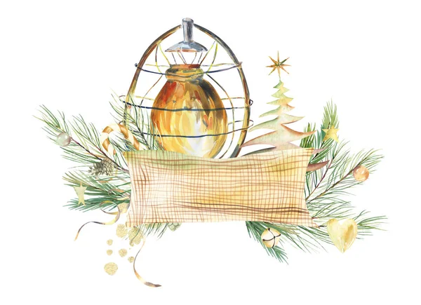 Akvarell Téli Lámpa Előfizetői Lámpás Fenyő Ágak Design Elemek Karácsonyi — Stock Fotó