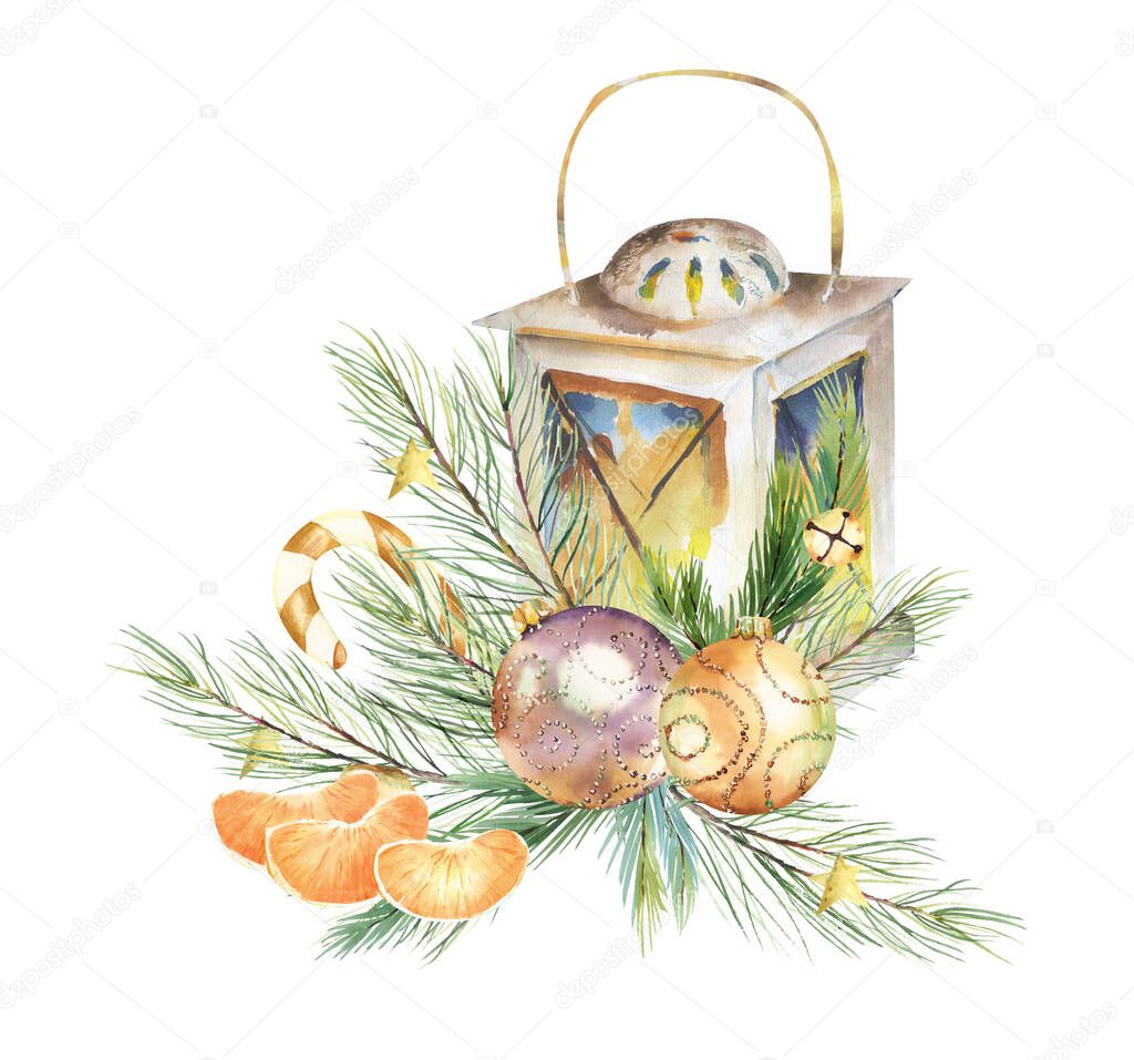 Watercolor winter lantern clipart,  lantern and fir branches, design elements for christmas cards diy, planner, stickers ideas, gift tags