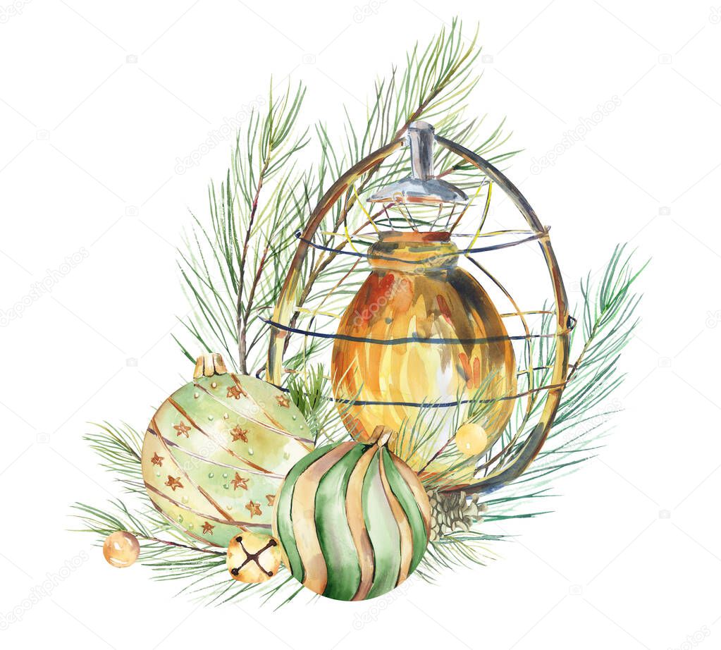 Watercolor winter lantern clipart,  lantern and fir branches, design elements for christmas cards diy, planner, stickers ideas, gift tags