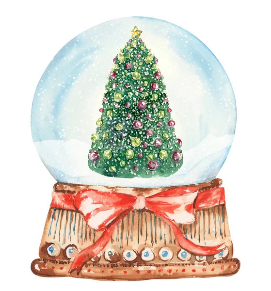 Akvarel Vánoční Sněhová Koule Kliparty Vintage Vánoční Diy Karty Červeným — Stock fotografie
