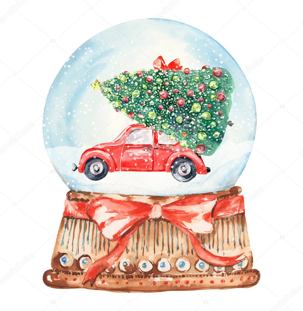 Watercolor christmas snow globe clipart, Vintage Christmas diy cards with red truck, dog, teddy bear, fir tree