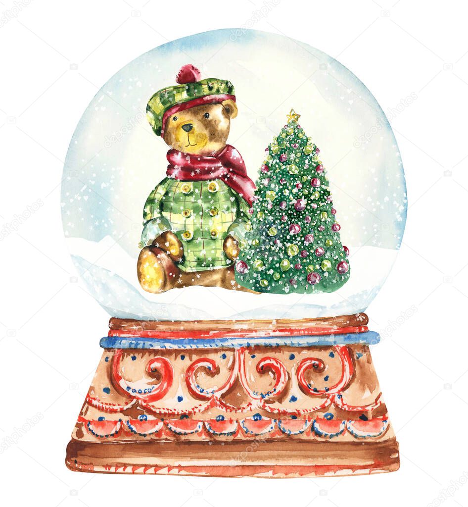 Watercolor christmas snow globe clipart, Vintage Christmas diy cards with red truck, dog, teddy bear, fir tree