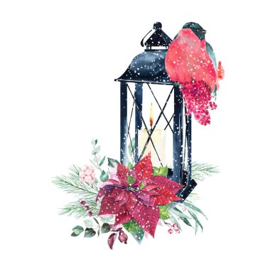 Suluboya kış feneri, kırmızı noktalı çiçek ve ispinoz kuşuyla birleşiyor. Konforlu Noel tasarım unsurları, kırmızı noel, hygge style, tebrik kartları diy, planlayıcı, çıkartma fikirleri