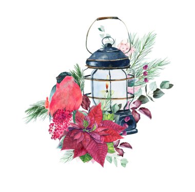 Suluboya kış feneri, kırmızı noktalı çiçek ve ispinoz kuşuyla birleşiyor. Konforlu Noel tasarım unsurları, kırmızı noel, hygge style, tebrik kartları diy, planlayıcı, çıkartma fikirleri