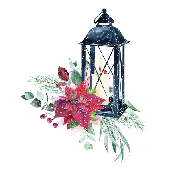 Clipart Lanterna Inverno Aquarela Com Flor Poinsettia Vermelho Pássaro Bullfinch — Fotografia de Stock