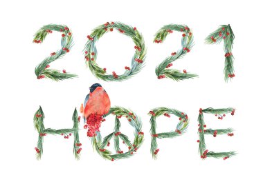 2021 yeni yıl sembolü, suluboya barış işareti, 2021 Joy Love Hope tebrik kartları, süblimleşme baskısı, çıkartmalar, tişörtler