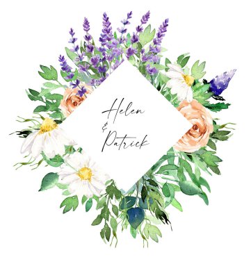 Düğün için suluboya çerçeve, Dünya günü, Anneler Günü. Meadow çiçek çerçevesi. Yaz çerçeve şablonu, boho biçimi, kırsal illüstrasyon