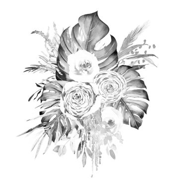 Suluboya siyah beyaz düğün buketi. Çiçek aranjmanı, zarif tebrik kartları, tropikal yapraklar ve suluboya güller için tek renkli.