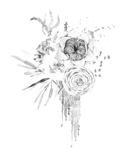 Akvarell Svart Och Vitt Bröllop Bukett Blommor Arrangemang Monokrom För — Stockfoto
