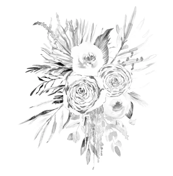 Bouquet Mariage Aquarelle Noir Blanc Arrangement Floral Monochrome Pour Cartes — Photo