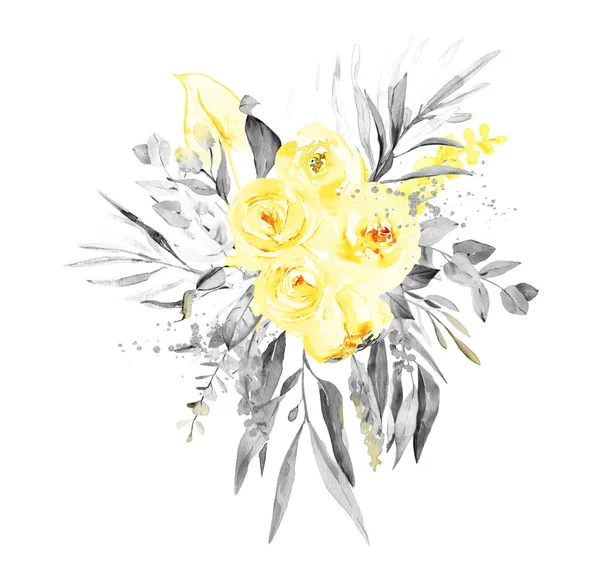 Bouquets Floraux Aquarelle Gris Jaune Arrangements Fleurs Aquarelle Tropicale Pour — Photo