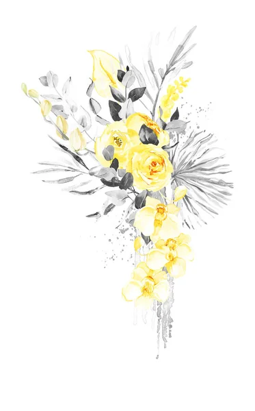 Bouquets Floraux Aquarelle Gris Jaune Arrangements Fleurs Aquarelle Tropicale Pour — Photo