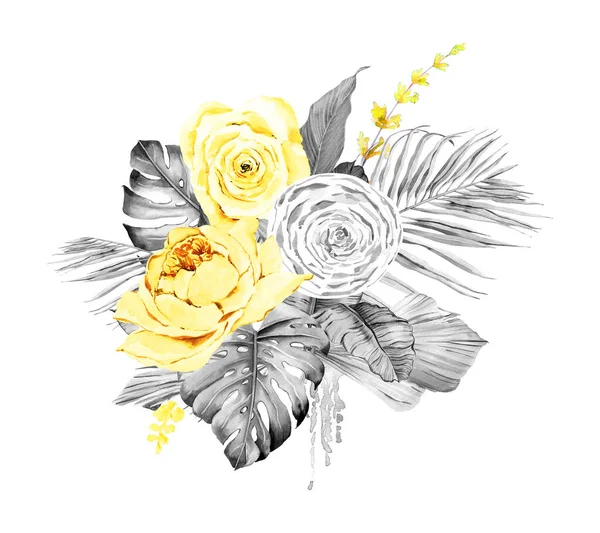 Акварельні Сірі Жовті Квіткові Букети Тропічні Акварельні Квіти Аранжування Весілля — стокове фото