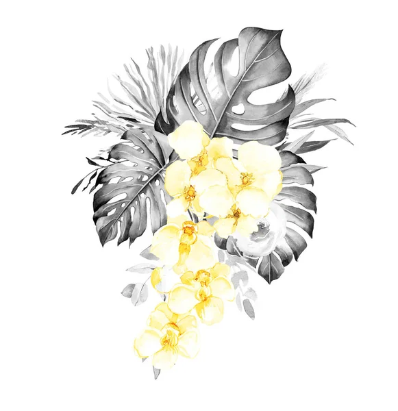 Akvarel Šedá Žlutá Květinová Kytice Tropické Akvarel Květiny Opatření Svatbu — Stock fotografie