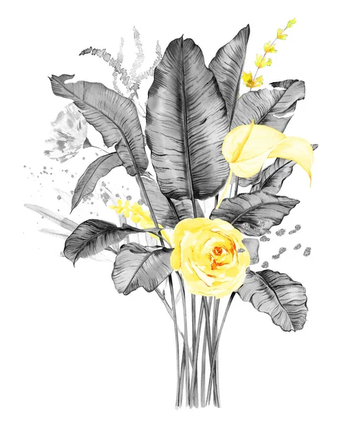 Bouquets Floraux Aquarelle Gris Jaune Arrangements Fleurs Aquarelle Tropicale Pour — Photo