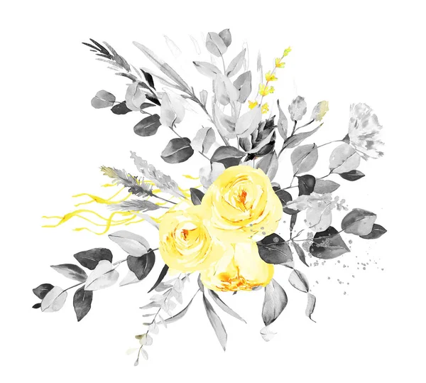 Akvarellgrå Och Gula Blombuketter Tropiska Akvarell Blommor Arrangemang För Bröllop — Stockfoto