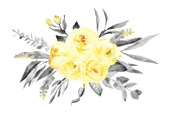 Bouquets Floraux Aquarelle Gris Jaune Arrangements Fleurs Aquarelle Tropicale Pour — Photo