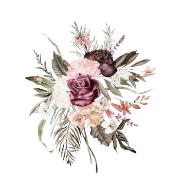 Boho burgundy buketleri, sulu boya allık ve burgundy düğün çiçekleri düğün davetiyeleri, sevgililer günü posterleri, çiçek posterleri.