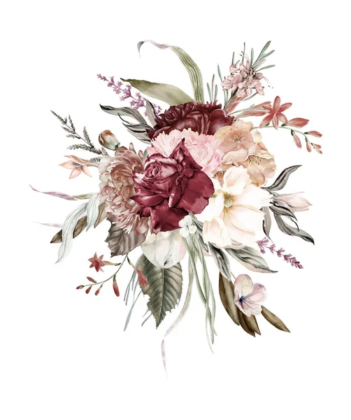 Boho Burgundy Bouquets Clipart Watercolor Blush Burgundy Wedding Flowers Wedding — Stock Photo, Image