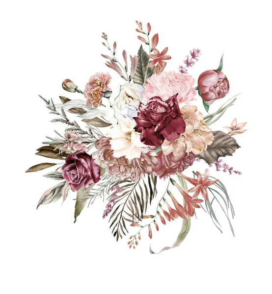 Bouquets Boho Bordeaux Clipart Fleurs Mariage Aquarelle Rougissant Bordeaux Arrangement — Photo