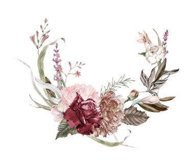 Boho bordo çelenkleri, sulu boya allık ve bordo düğün çiçekleri düğün davetiyeleri, sevgililer günü posterleri, çiçek çelenkleri.