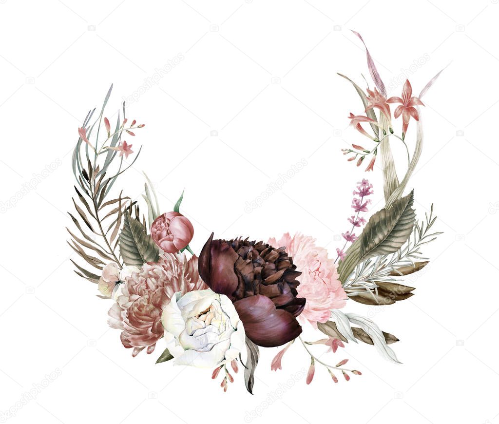 Boho burgundy wreaths clipart, Watercolor blush and burgundy wedding flowers, Wedding invitation arrangements, valentines, floral posters, wedding floral wreaths