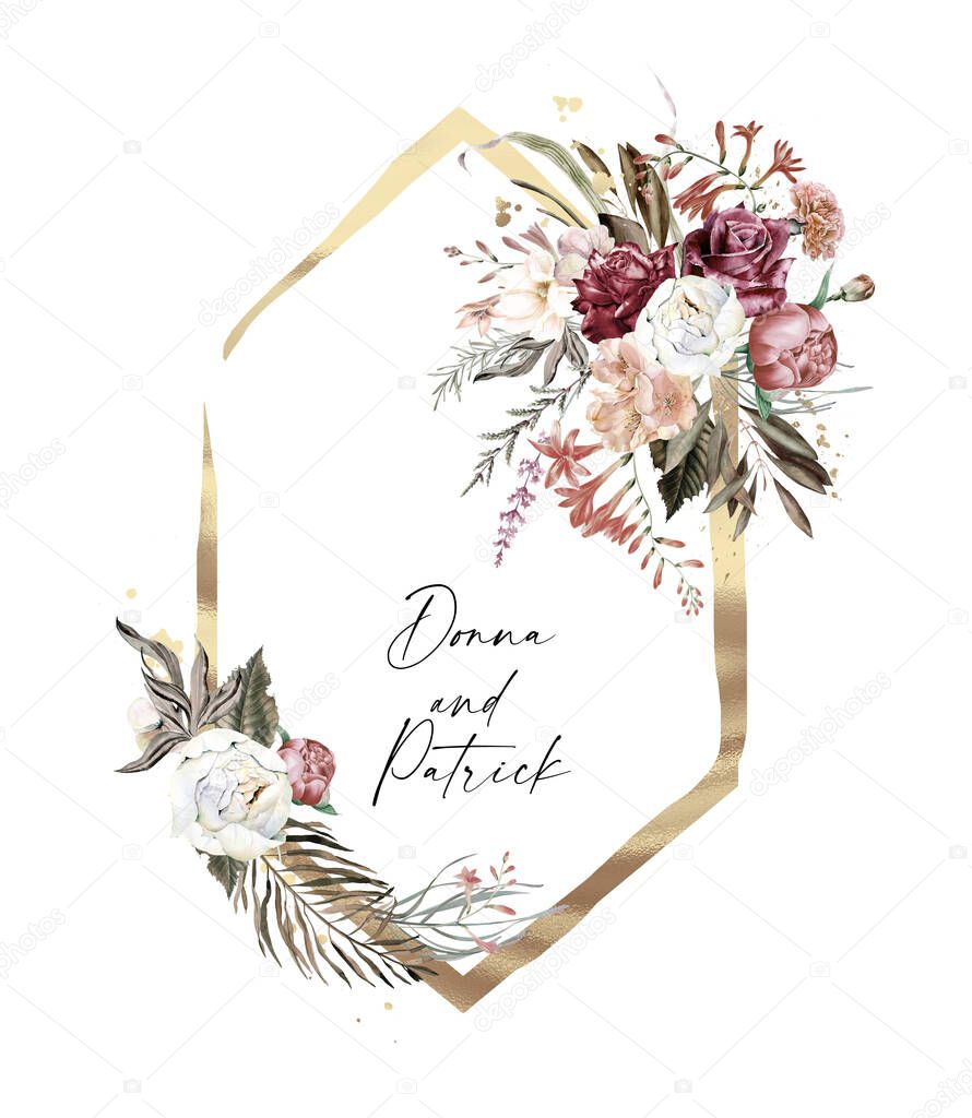 Rose gold and burgundy wedding floral frames. Blush and burgundy golden frames and arrangements forinvitations, greeting cards, social media, feminine logo