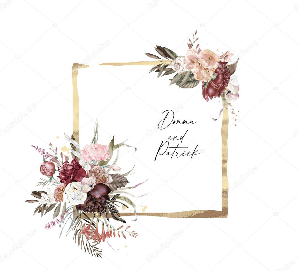 Rose gold and burgundy wedding floral frames. Blush and burgundy golden frames and arrangements forinvitations, greeting cards, social media, feminine logo