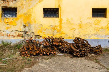 Önünde paslı metaller olan üç pencereli sarı duvar.