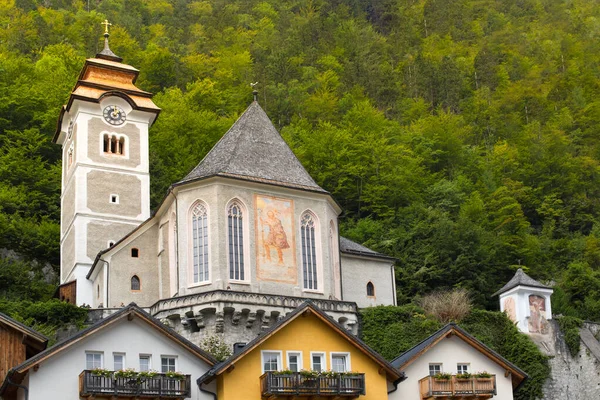 Domy Obci Hallstatt Hallstatter See Horské Jezero Rakousku Salzkammergut — Stock fotografie