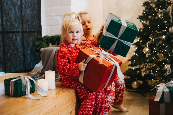 Evde Noel hediyeli şirin çocuklar.
