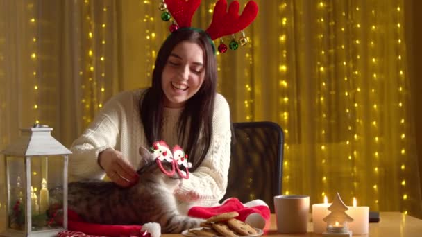 Femme heureuse jouant avec chat seul à la maison pendant Noël — Video