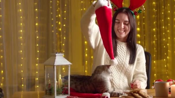 Szczęśliwa kobieta bawi się z kotem sam w domu podczas świąt — Wideo stockowe