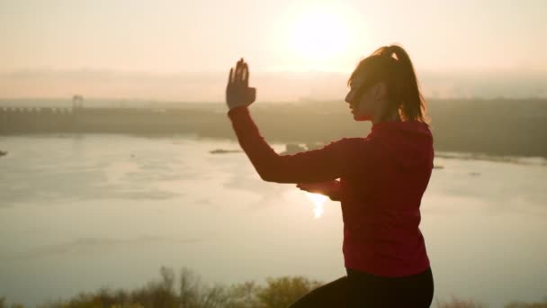 Sportieve vrouw beoefenen van vechtsport oefeningen in de natuur — Stockvideo