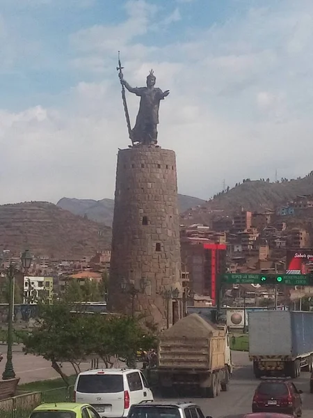 Staty Inka Som Vaktar Staden Cusco Peru — Stockfoto