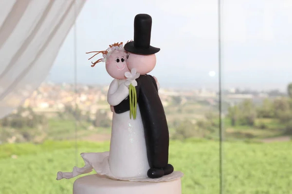 Munecos Torta Matrimonio Primer Plano Con Fondo Del Campo Ciudad — Foto de Stock