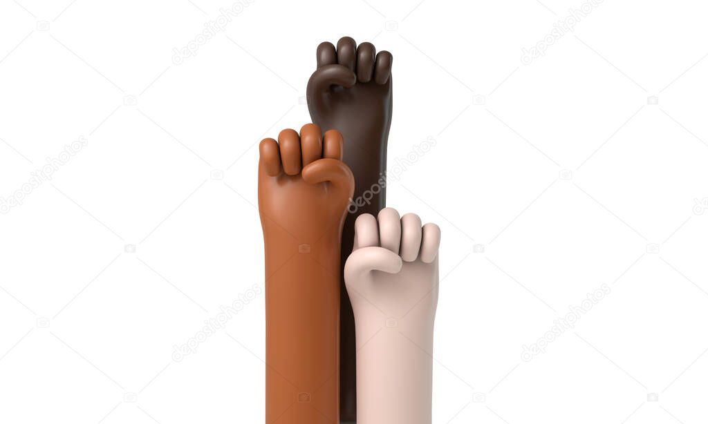 Multi ethnic hands raised in the air. Political protest concept. 3D Rendering