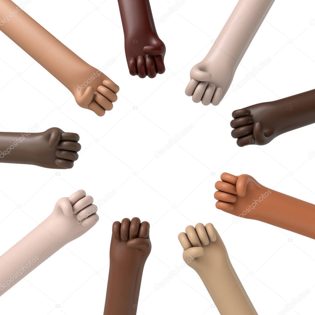 Multi ethnic hands in a circle. Political protest concept. 3D Rendering