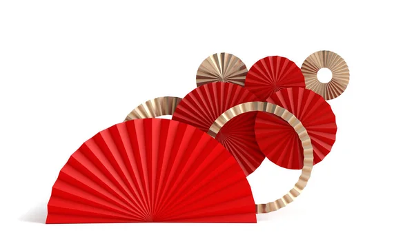 Chinese new year background. Red and gold paper fan decoration. 3D Rendering — Stock Photo, Image