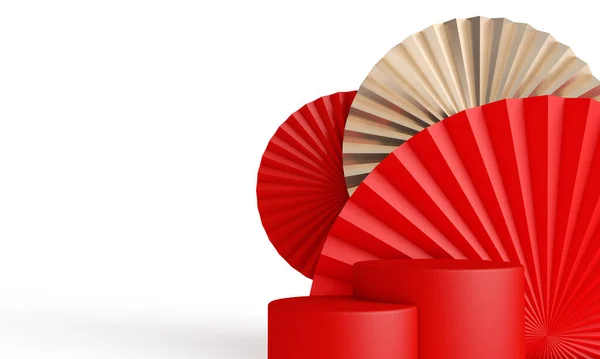 Čínský nový rok pozadí. Červené a zlaté papírové dekorace. 3D vykreslování — Stock fotografie