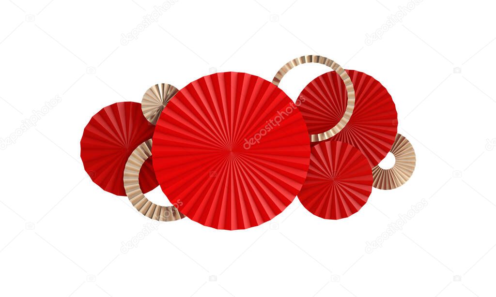 Chinese new year background. Red and gold paper fan decoration. 3D Rendering