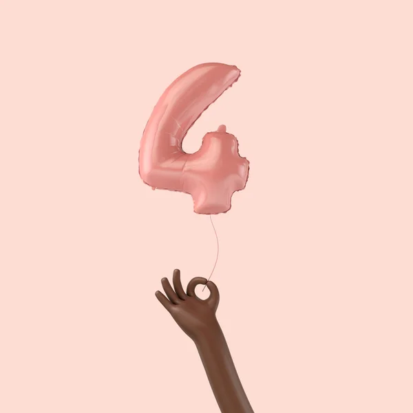 Рука тримає 4-й день народження рожеву фольгу святкування повітряної кулі. 3D рендерингу — стокове фото