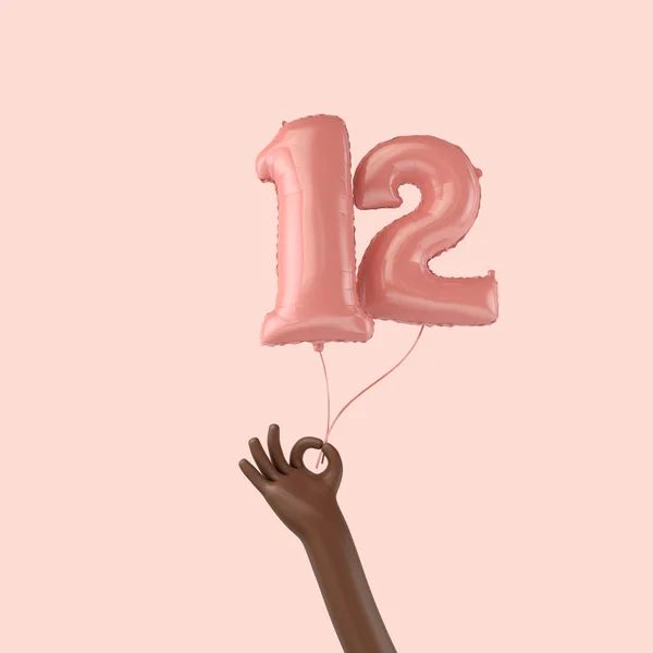 Hand holding a 12th birthday pink foil celebration balloon. 3D Rendering — Stock Photo, Image