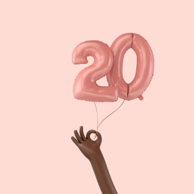 Yirminci yaş günü kutlaması balonunu tutan bir el. 3B Hazırlama