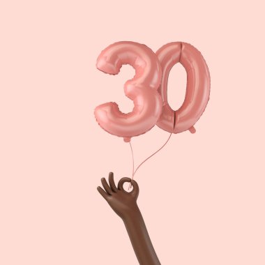 30 'uncu yaş günü pembe folyo kutlama balonunu tutan el. 3B Hazırlama