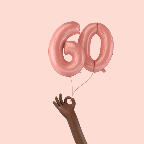 Hand in Hand mit einem rosafarbenen Luftballon zum 60. Geburtstag. 3D-Rendering — Stockfoto