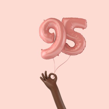95. yaş günü pembe folyo kutlama balonunu tutan el. 3B Hazırlama