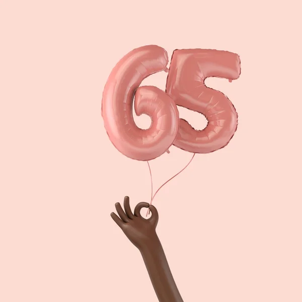 Hand holding a 65th birthday pink foil celebration balloon. 3D Rendering — Stock Photo, Image